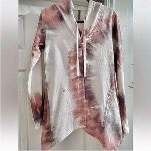 XCVI Hoodie Cardigan - Cotton Tie-Dye Pockets, Handkerchief Hem, Snap